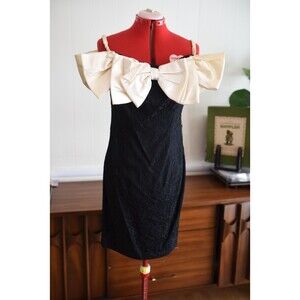 ROBERTA Vintage 80s Lace Bow Black Ivory Prom party Formal Dress Size 9/10 NWT